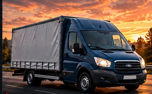Sötétkék ponyvás Ford Transit 3,5 tonnás furgon